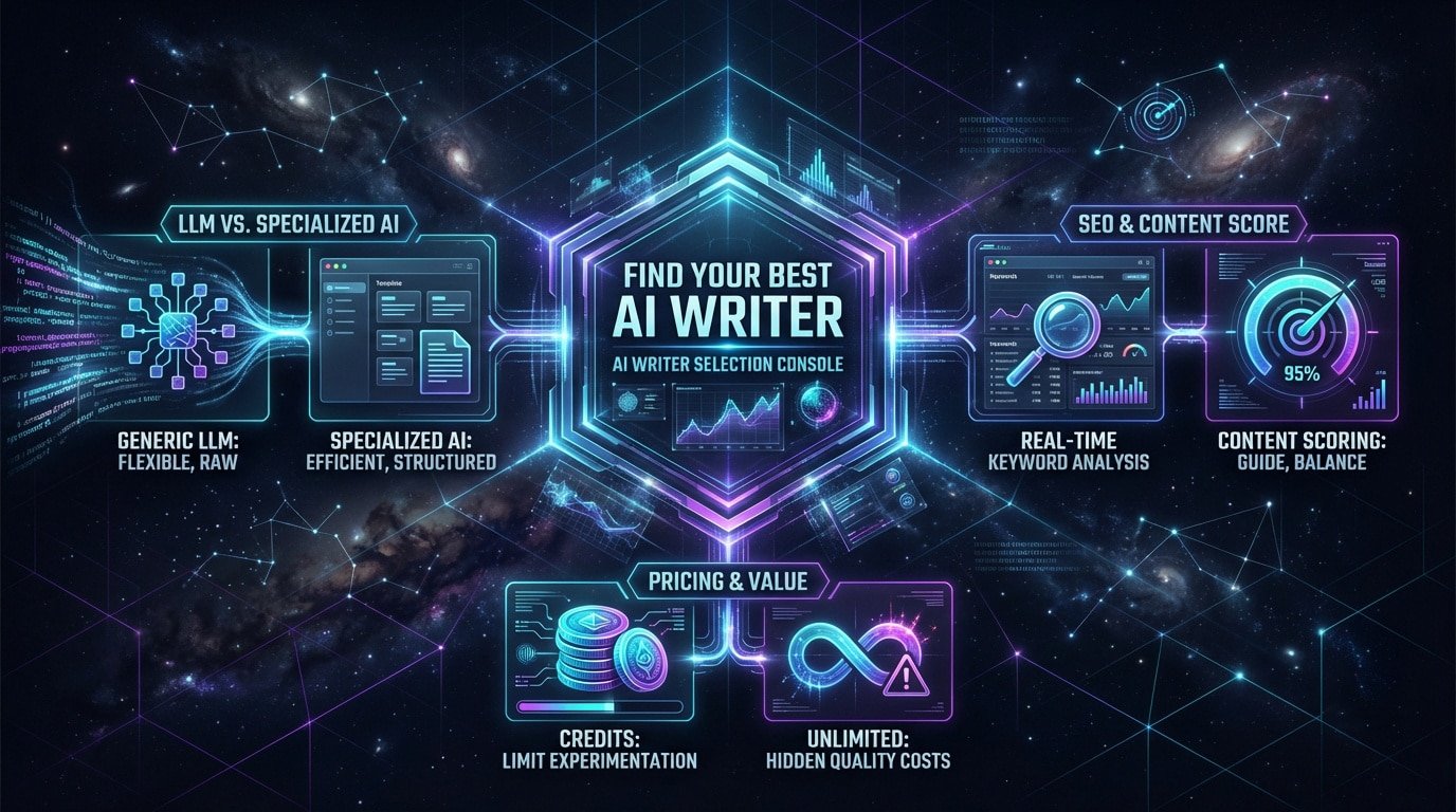 Comparison of AI writing tools including SEO scoring and pricing models
