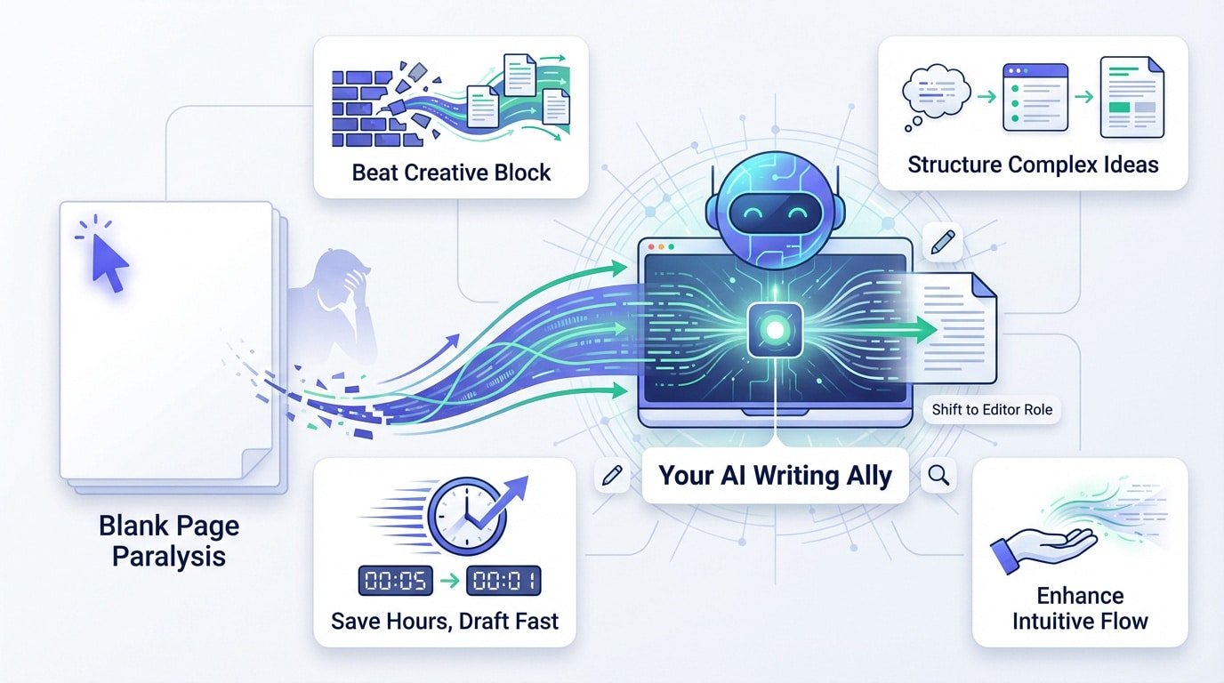 AI writing tool helping a writer overcome block and increase productivity