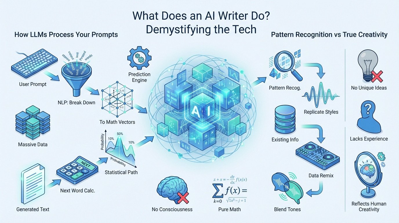 Diagram showing how Large Language Models and AI writers process text prompts and generate content