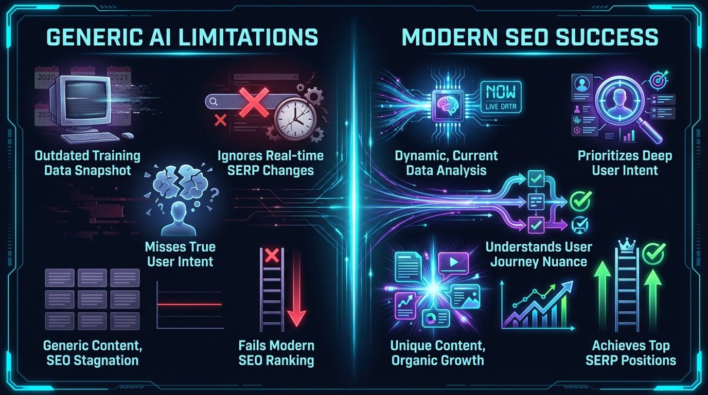 Comparison between generic AI writing limitations and modern SEO success strategies