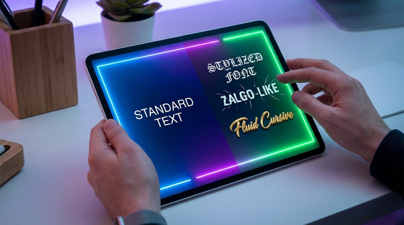 Person holding a tablet showing 'STANDARD TEXT' on one side and 'STYLIZED FONT', 'ZALGO-LIKE', 'Fluid Cursive' on the other, with neon borders.