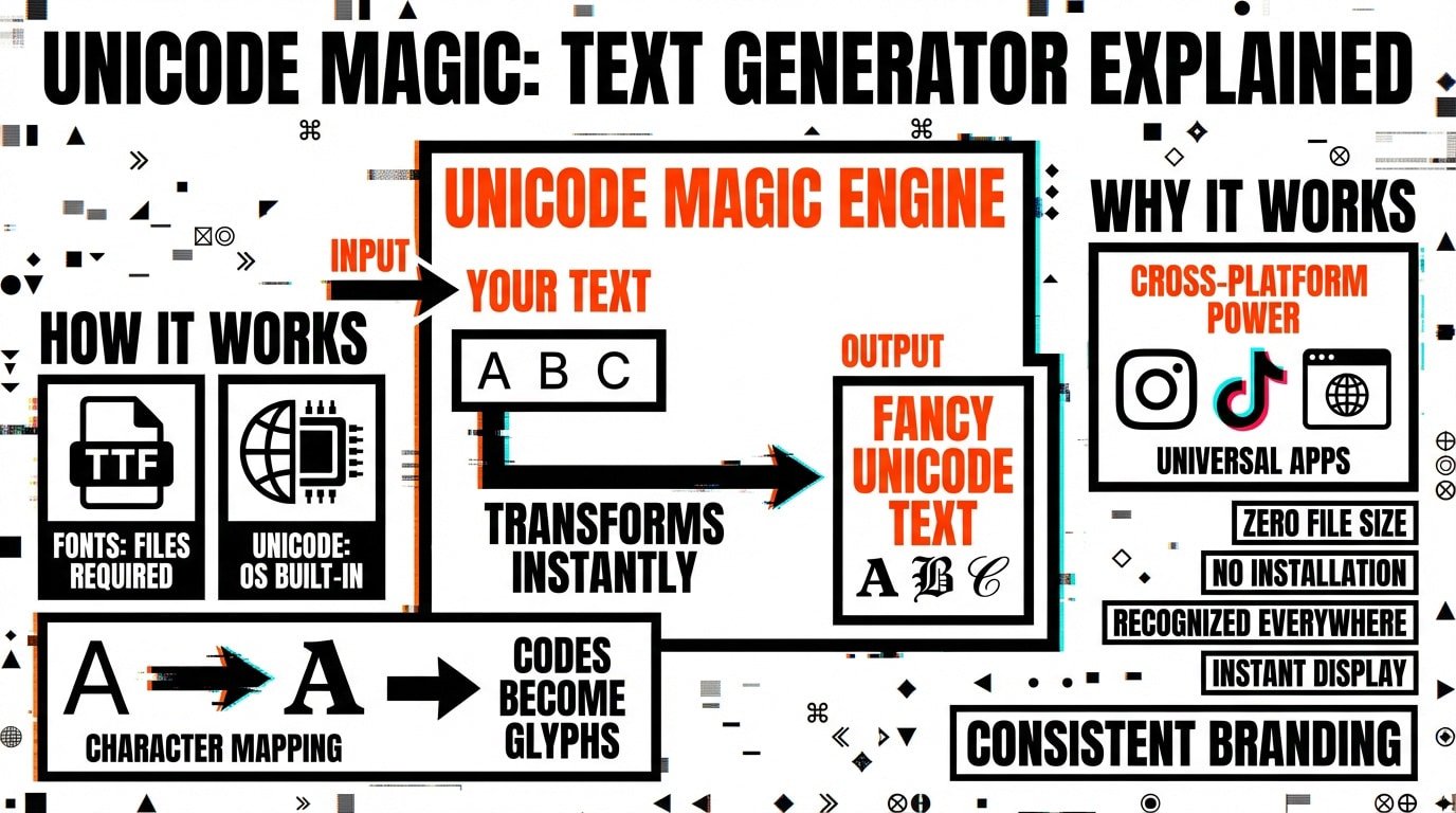 Infographic explaining how an online text generator uses Unicode character mapping to create fancy styles