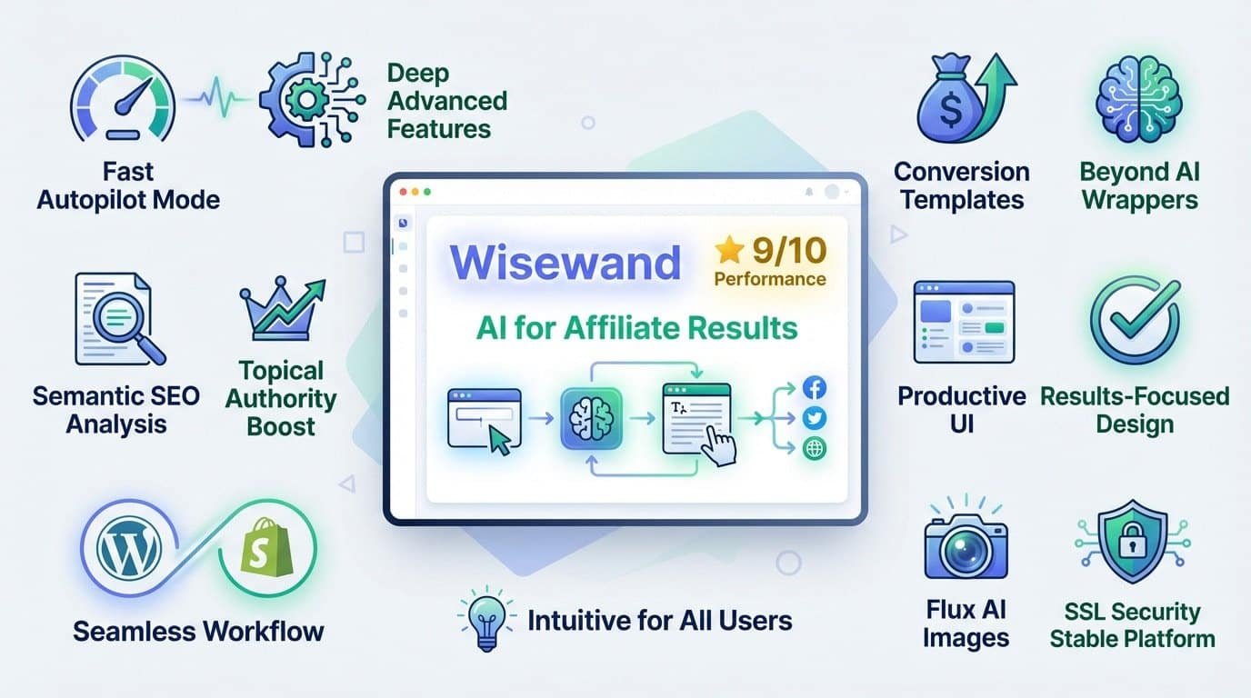 Wisewand AI platform features and SEO capabilities infographic