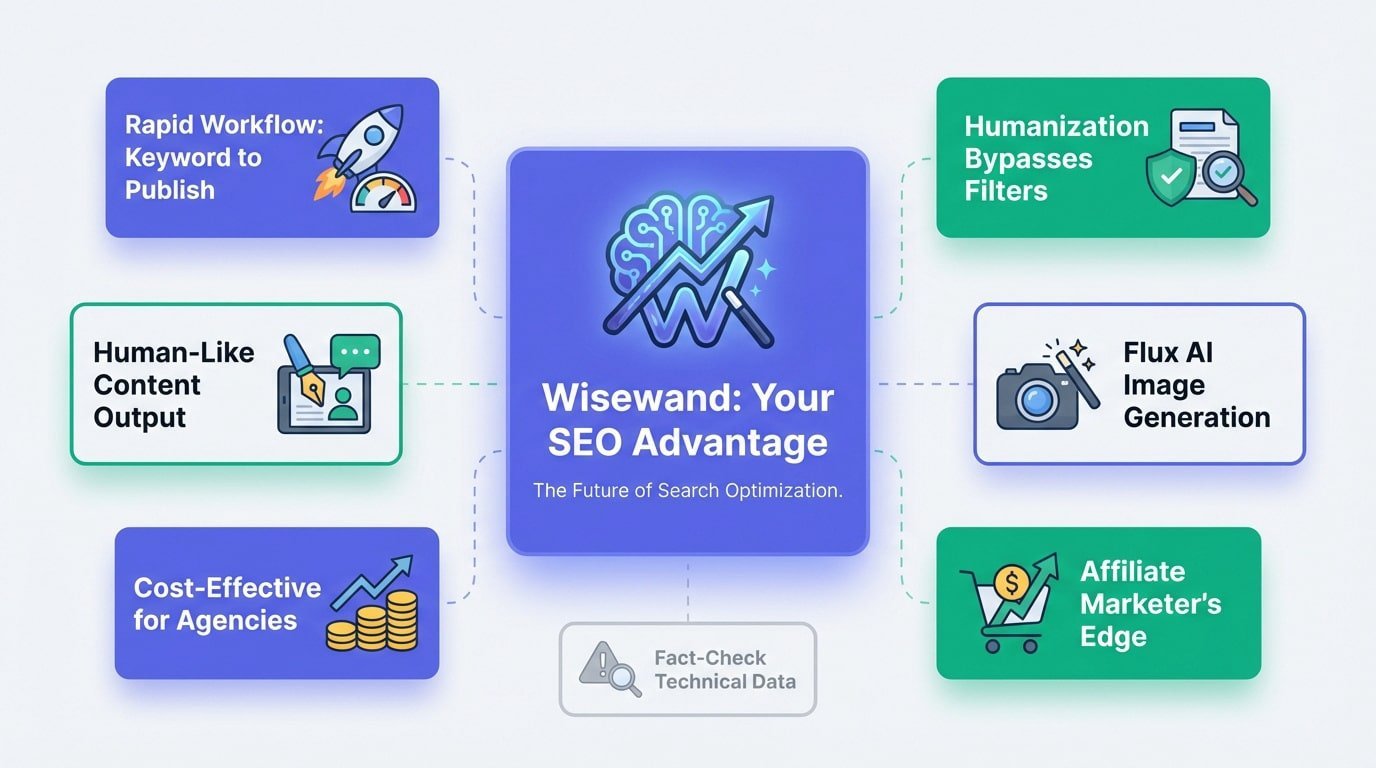 Wisewand software interface showing SEO content generation and optimization features