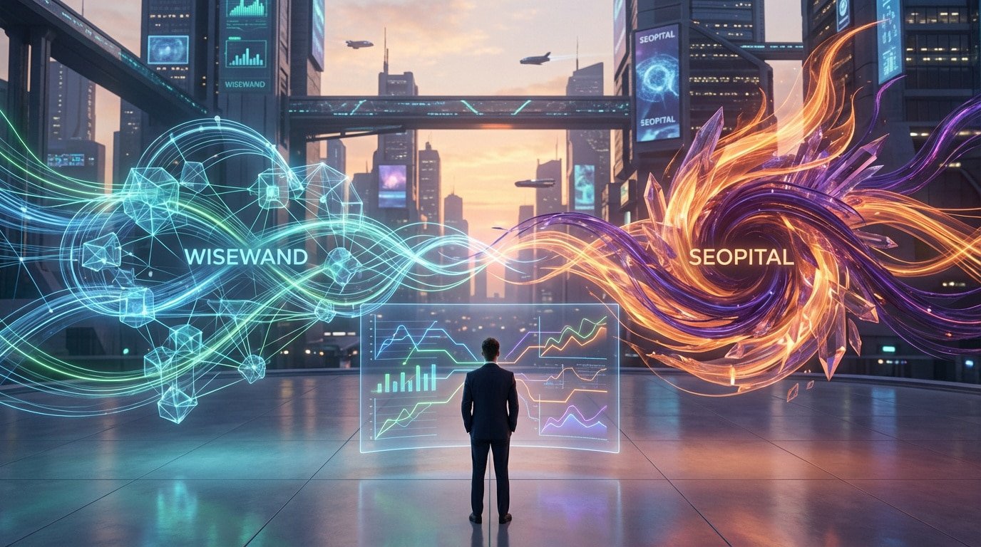 Man analyzing data for Wisewand (green energy) and SEOpital (orange-purple energy) in a futuristic city, representing AI tools.