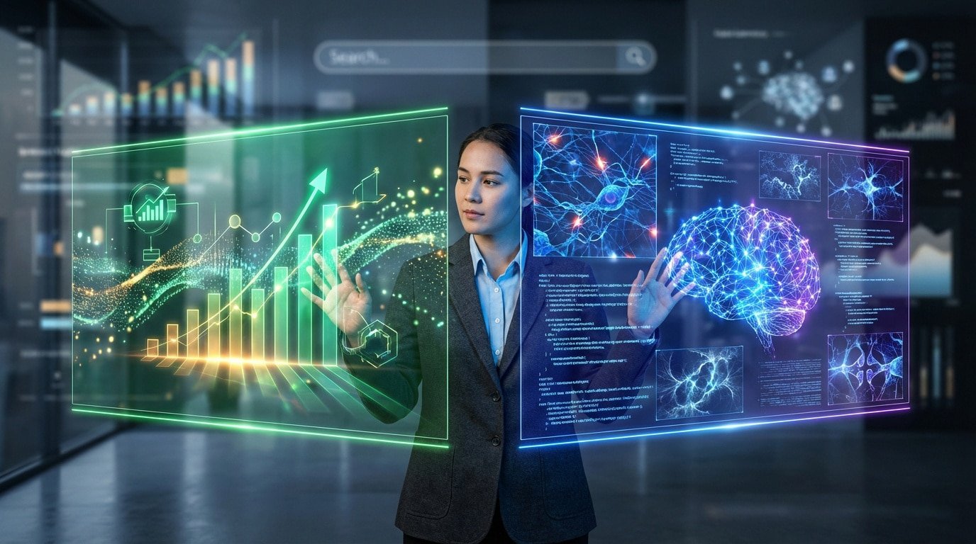 Woman interacts with holographic displays showing SEO growth charts and a glowing AI brain, symbolizing advanced data and AI for competitive advantage.