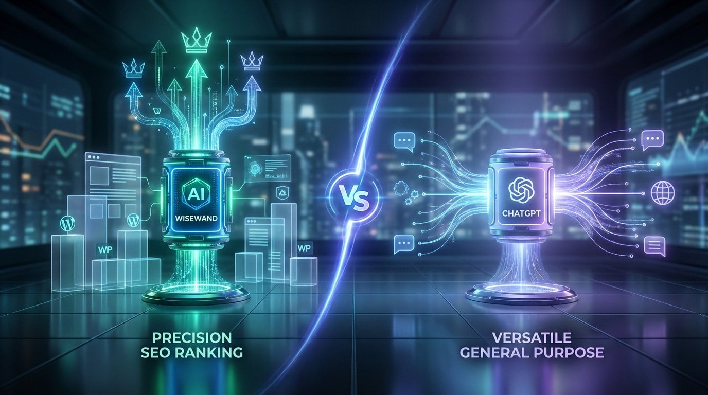 A vibrant digital comparison showing Wisewand (precision SEO ranking AI) on the left vs ChatGPT (versatile general purpose AI) on the right.