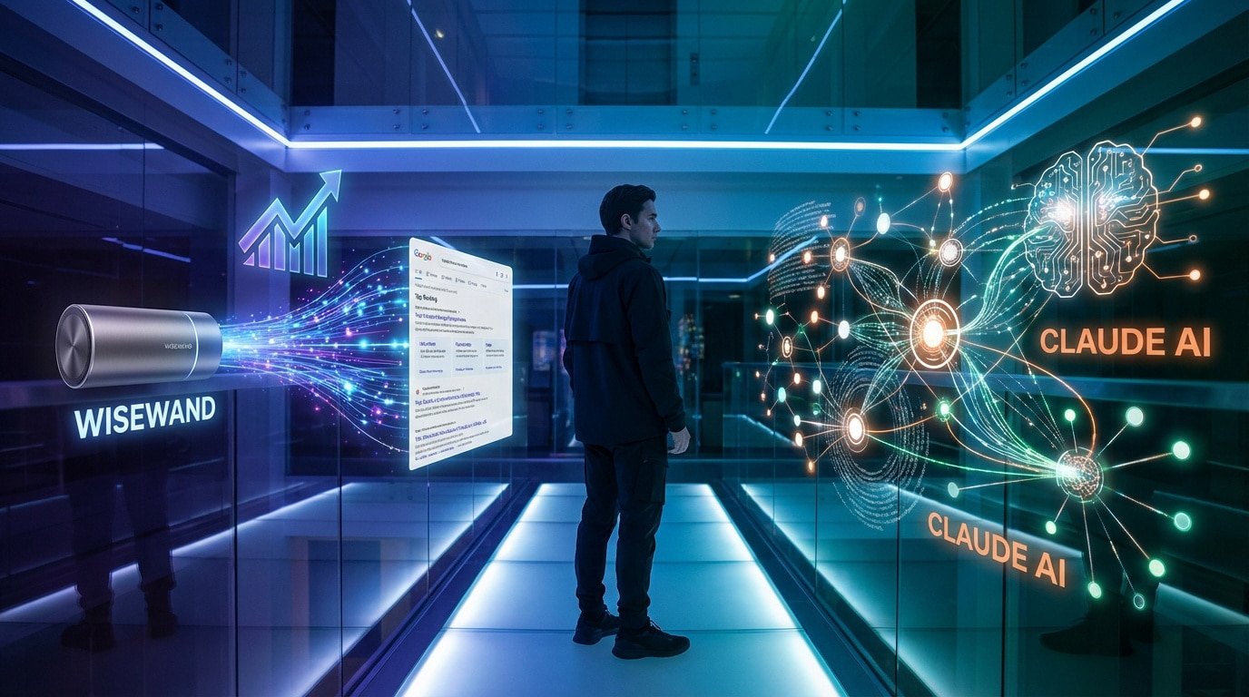 Man observing digital projections of Wisewand affecting Google SEO results and Claude AI's neural network in a neon tech environment.