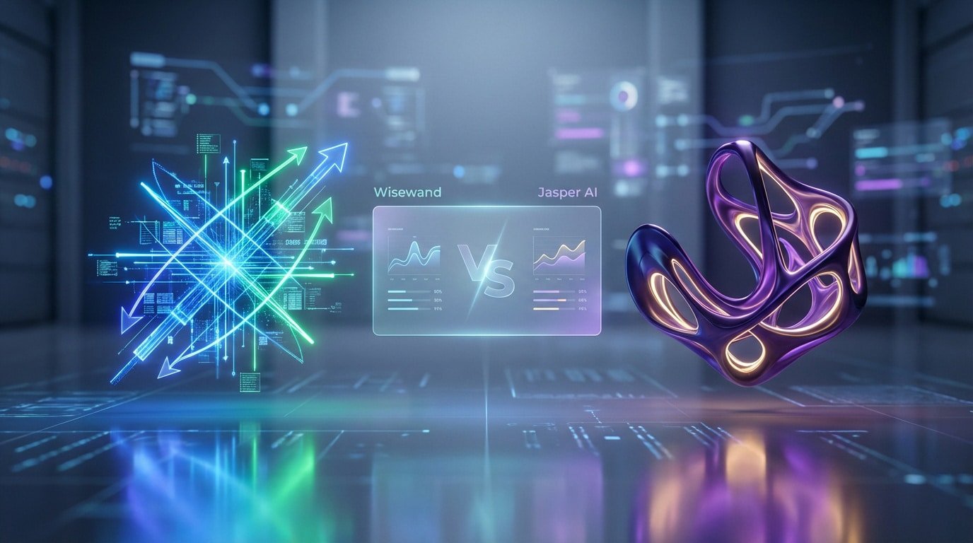 Digital graphic comparing Wisewand and Jasper AI. Wisewand is represented by glowing blue/green arrows, Jasper AI by a purple abstract form. A central screen shows data graphs for both, separated by 'VS'.