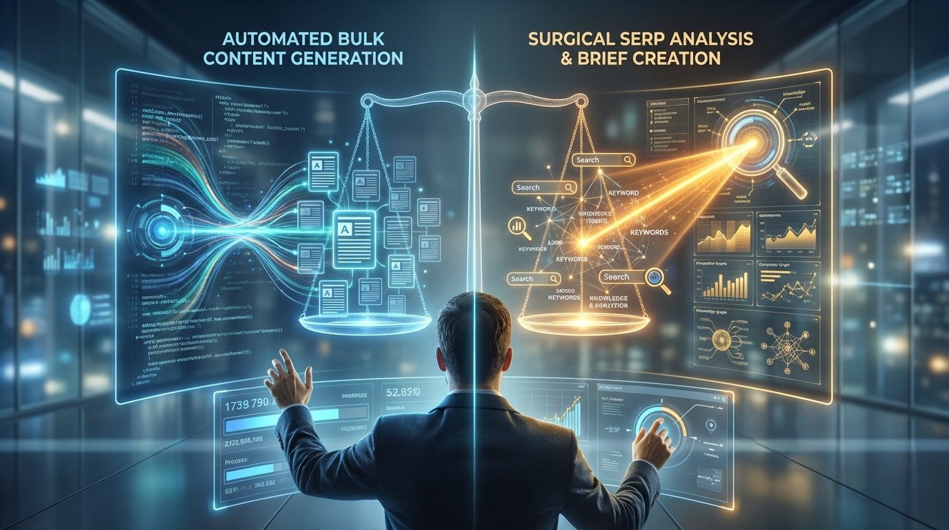 A man facing a holographic display comparing automated bulk content generation (left) with surgical SERP analysis and brief creation (right).