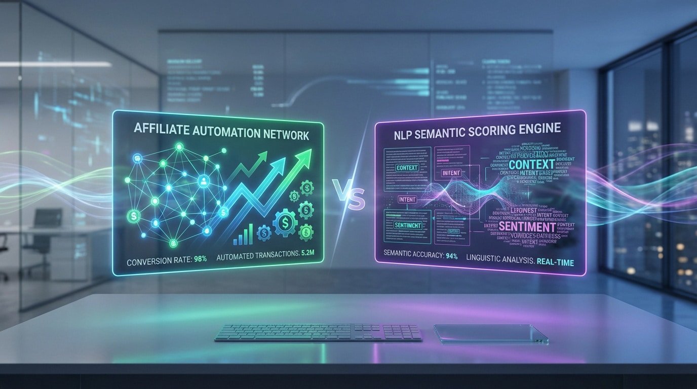 Two holographic screens compare affiliate automation (Wisewand) and NLP semantic scoring (NeuronWriter) in a futuristic office.