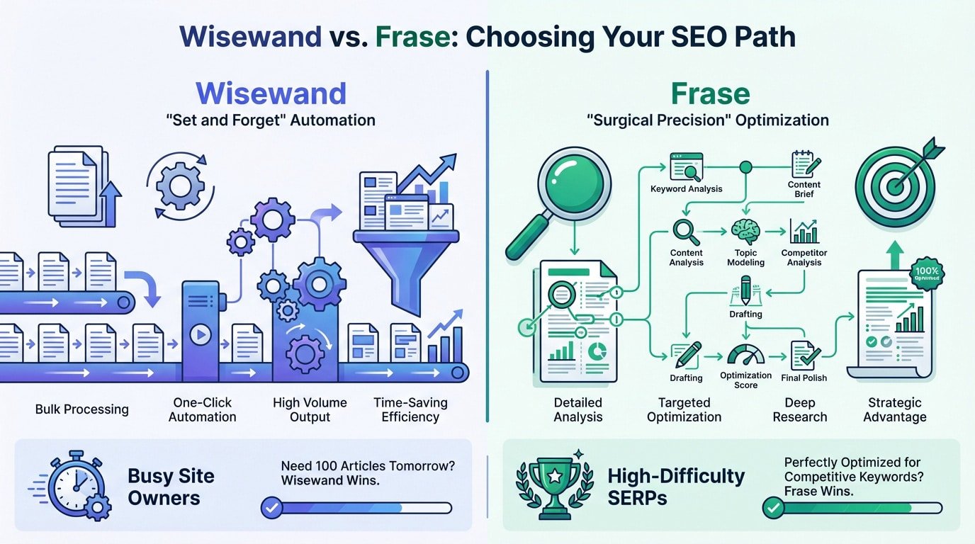 Comparison between Wisewand automation and Frase manual SEO control
