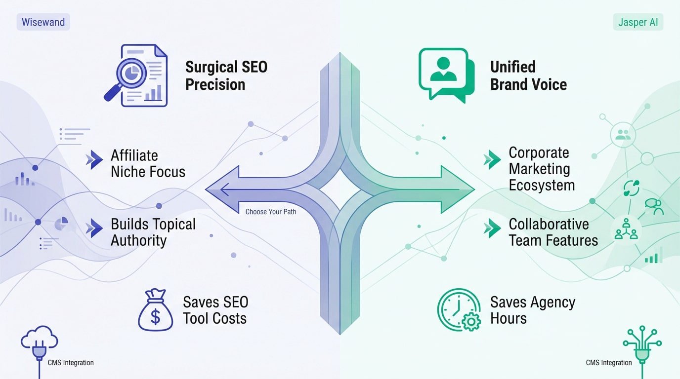 Comparison illustration between Wisewand SEO focus and Jasper AI marketing features