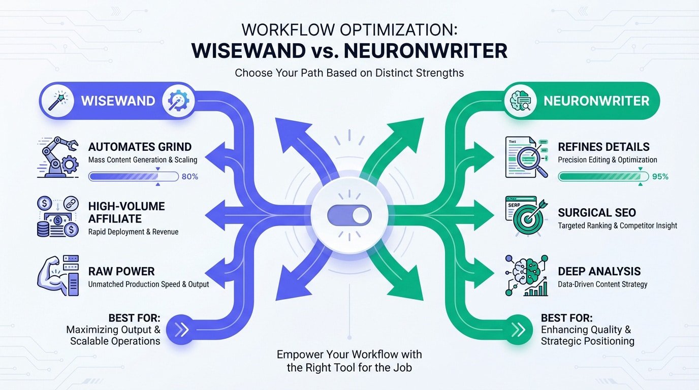 Comparison of Wisewand and NeuronWriter workflows for SEO content creation